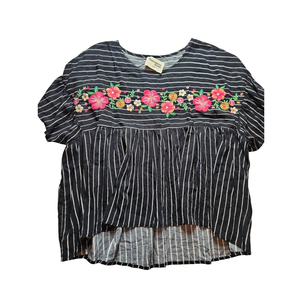 Savanna Jane Black White Striped Floral Embroidered Babydoll Top Boho S/M T10603
